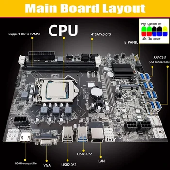 TOPLA ploča za майнинга ETH B75 + procesor + Ventilator + SATA Kabel + Kabel prekidača LGA1155 8XPCIE USB-ac ispravljač MSATA DDR3 Matična ploča B75
